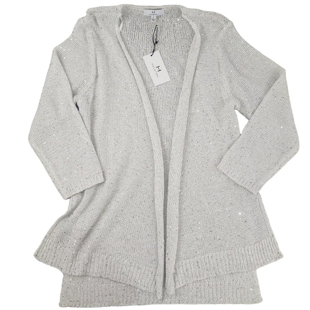Halston Sequin Open Front Cardigan Womens L Silver Knit Cotton Blend Shimmer